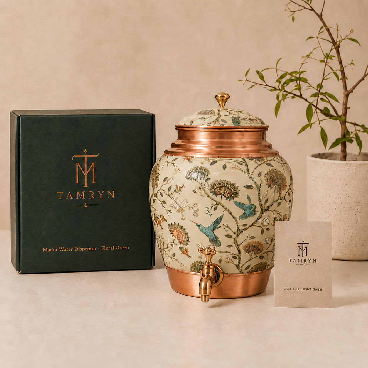 Tamryn Copper Matka Water Dispenser Floral Green