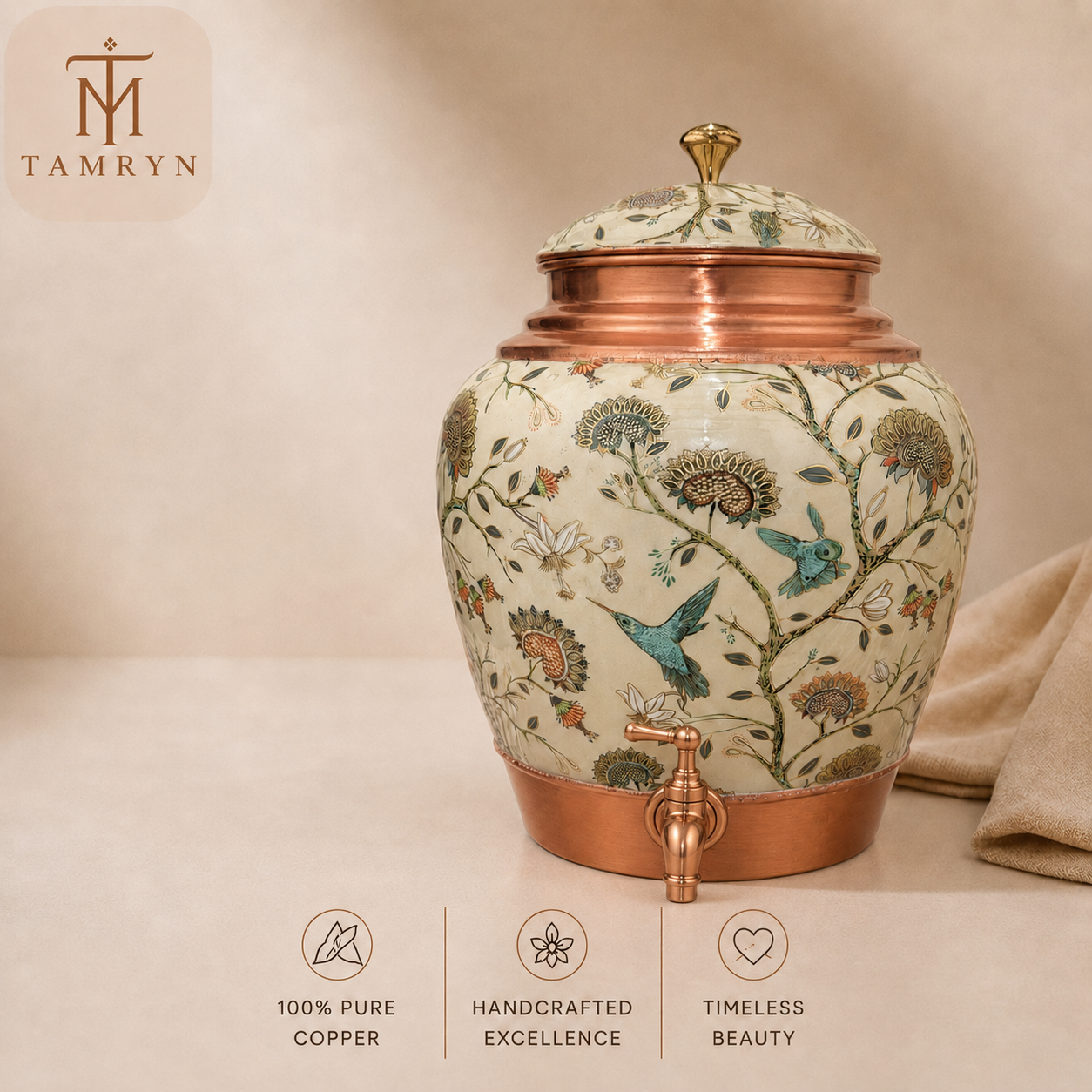 Tamryn Copper Matka Water Dispenser Floral Green