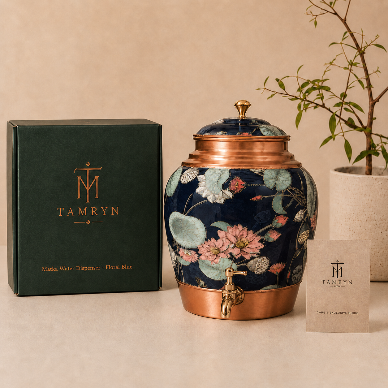 Tamryn Copper Matka Water Dispenser Floral Blue