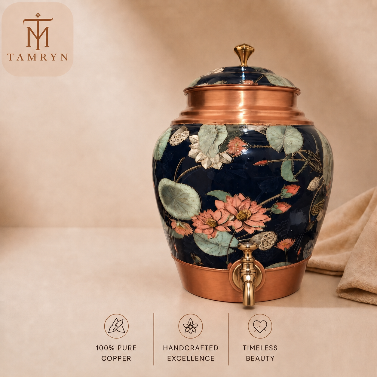 Tamryn Copper Matka Water Dispenser Floral Blue