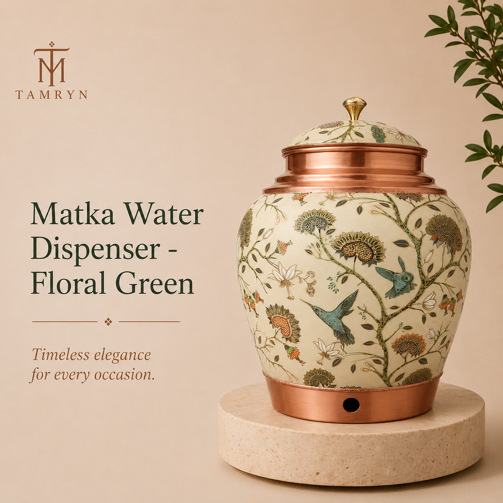 Tamryn Copper Matka Water Dispenser Floral Green