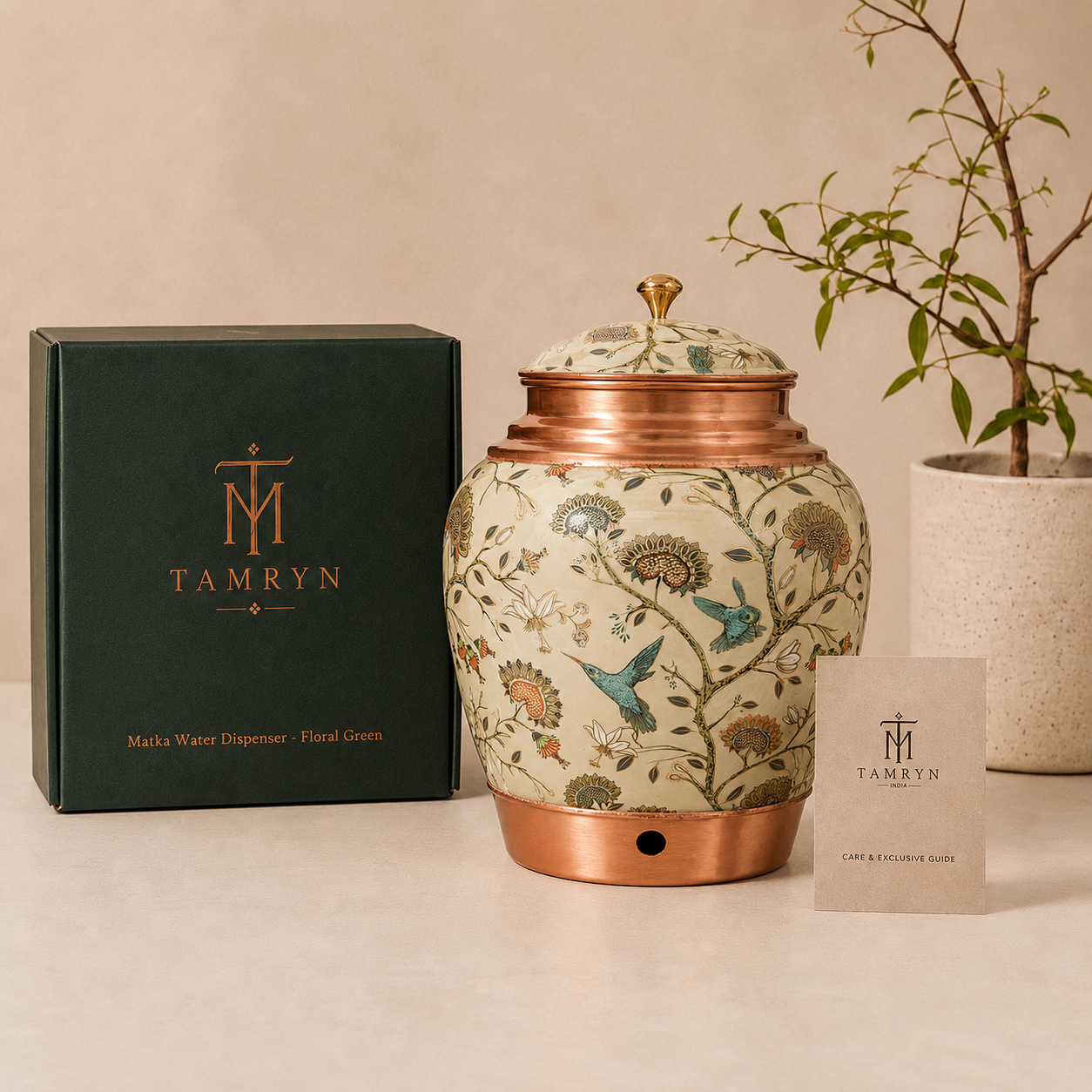 Tamryn Copper Matka Water Dispenser Floral Green