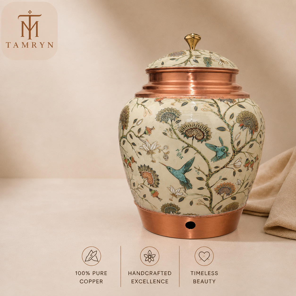Tamryn Copper Matka Water Dispenser Floral Green