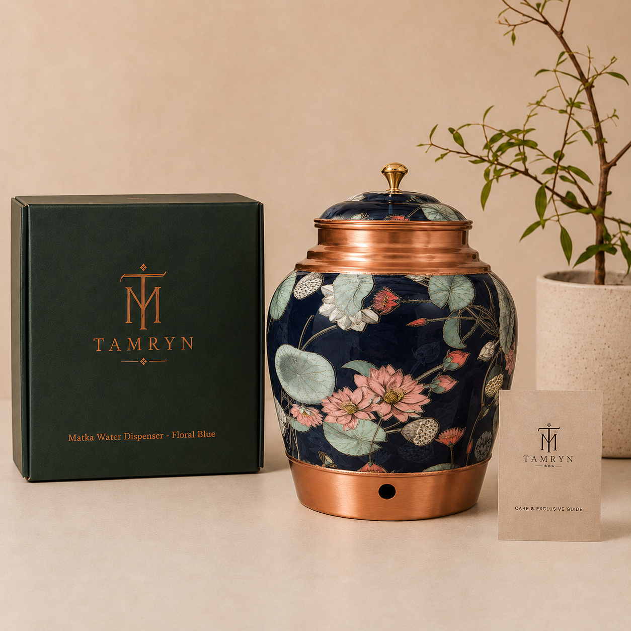 Tamryn Copper Matka Water Dispenser Floral Blue