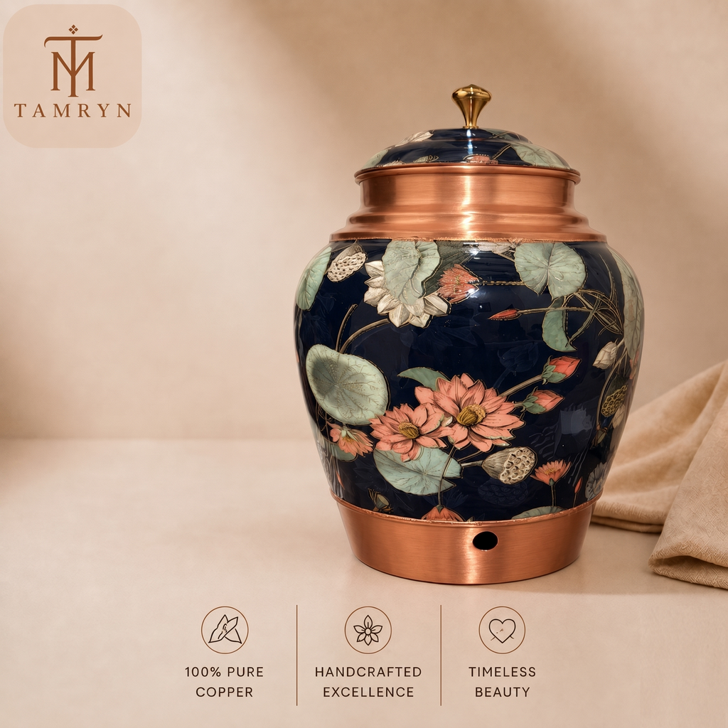 Tamryn Copper Matka Water Dispenser Floral Blue